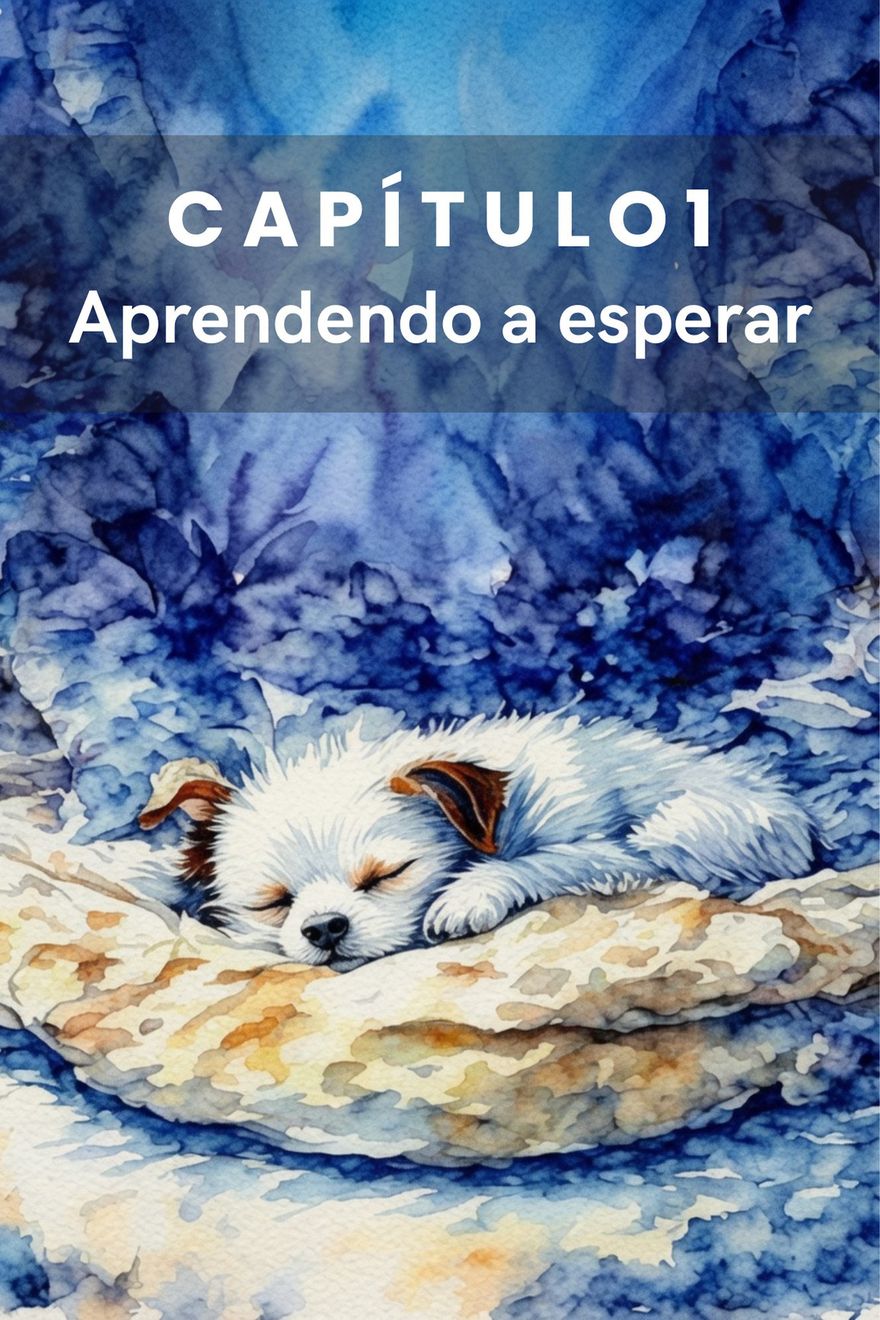 Aquarela de um filhote branco dormindo sobre um pano claro, em azuis.