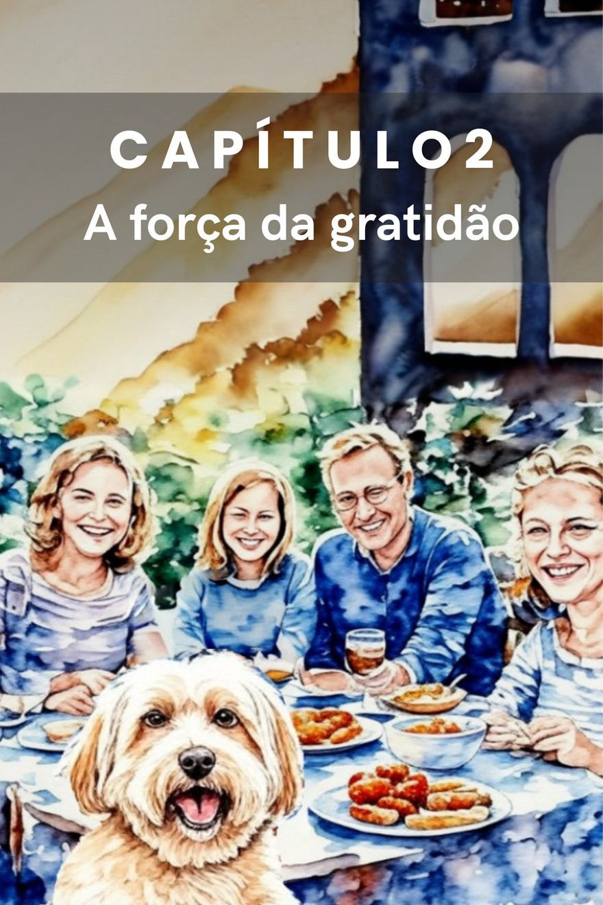 Aquarela de uma mesa de família, com um cão peludo em primeiro plano.