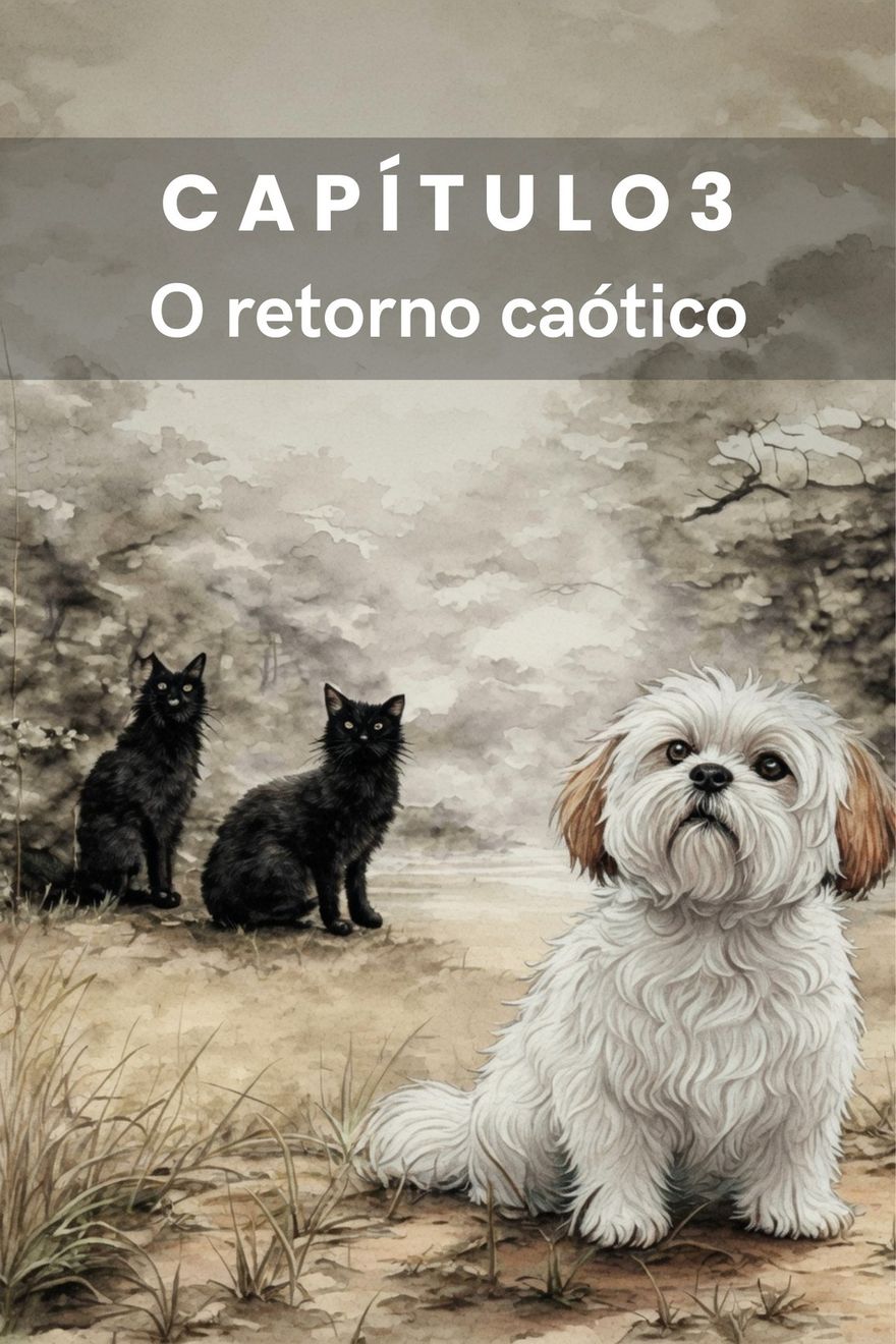 Aquarela de um Lhasa Apso branco sentado, com dois gatos pretos ao fundo.