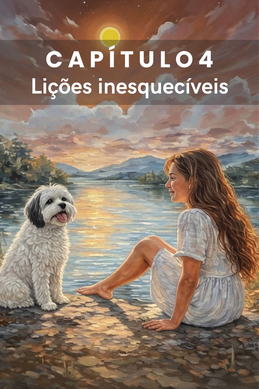 Pintura de uma mulher e um cão branco sentados à beira de um lago, no pôr do sol.