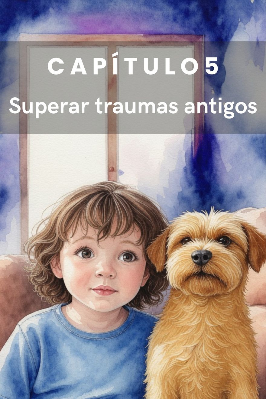 Aquarela de uma criança ao lado de um cão dourado, diante de uma janela.