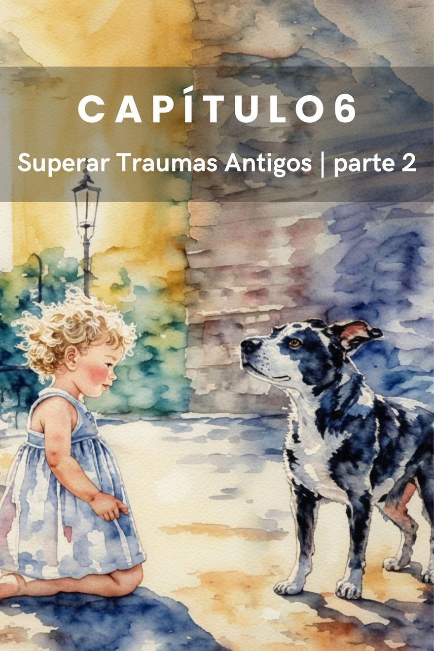 Aquarela de uma menina ajoelhada diante de um cão preto e branco, numa rua.