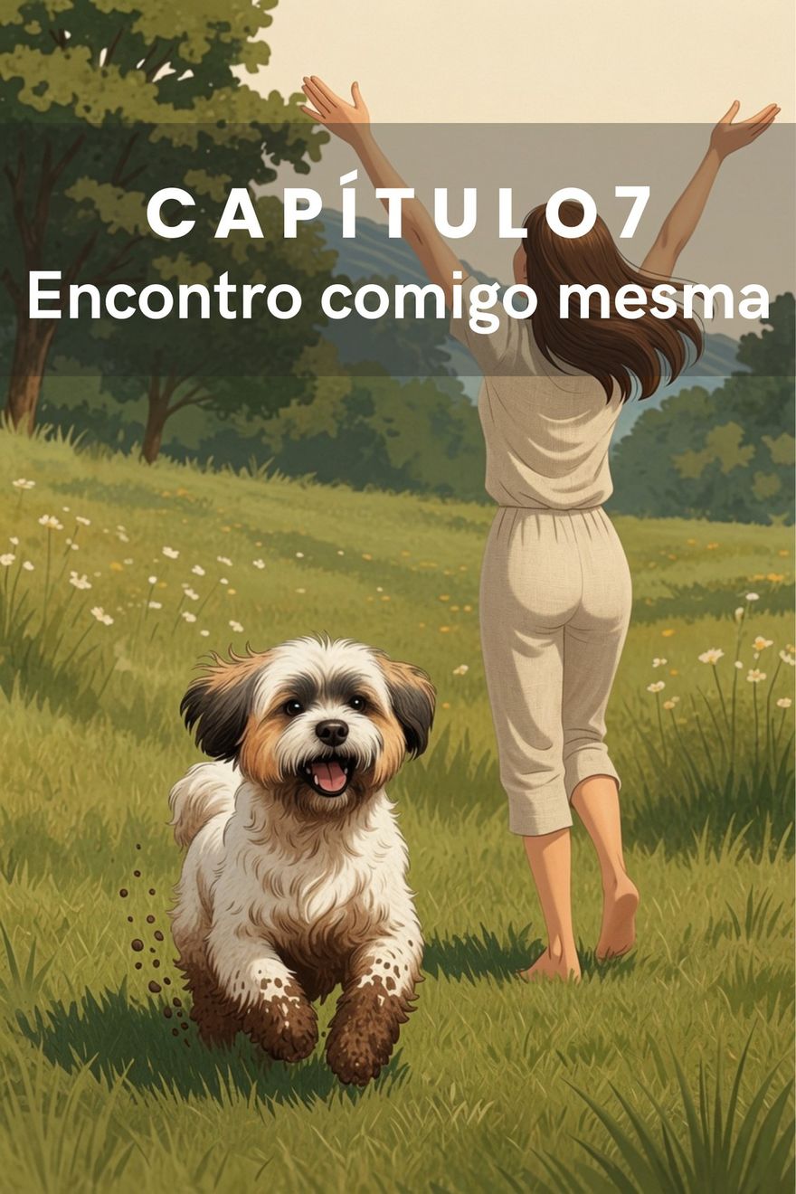 Ilustração de uma mulher descalça num campo, braços abertos, e um cão correndo à frente.