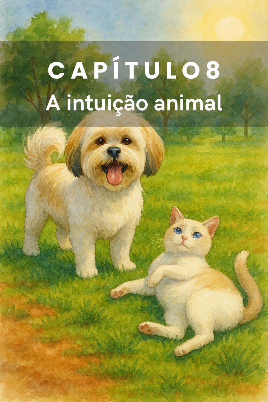 Aquarela de um Lhasa Apso e uma gata clara num gramado, com sol ao fundo.